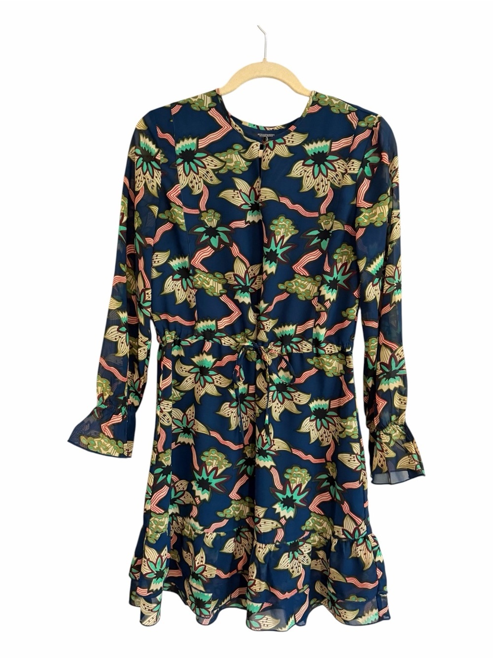 Anthropologie Scotch & Soda Tropical Floral Navy Long-Sleeve Dress Ruffle Sz XS